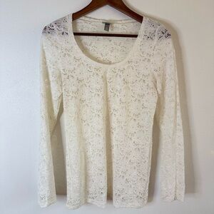 Vanity Lace Top Cream Long Sleeve Feminine Layering Blouse Size M